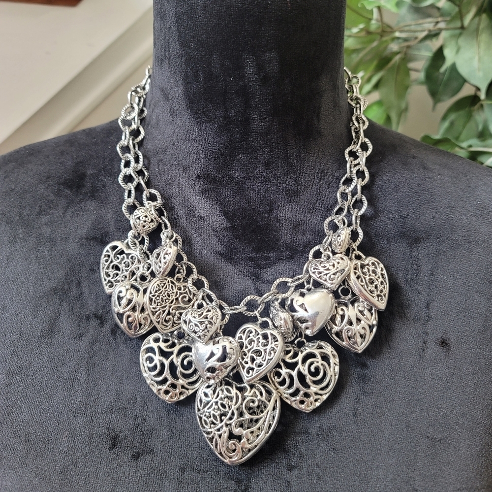 Silver Heart Double Layer Statement Necklace - image 1